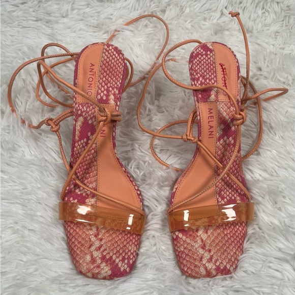 Antonio Melani | Barden Lace-Up Citrus Peach Pink Heels Strappy Sandals - Picture 5 of 10